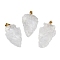 Raw Rough Natural Quartz Crystal Pendants, Rock Crystal Arrow Head Charms with Stainless Steel Snap on Bails, Golden, 31~39.5x19~25x8~14.5mm, Hole: 2.5x3.5mm