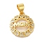 Mother's Day Brass Micro Pave Clear Cubic Zirconia Pendants, Round with Word MOM, Real 16K Gold Plated, 15.5x14x3mm, Hole: 4.5x3.5mm