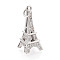 Brass Micro Pave Cubic Zirconia Pendants, Eiffel Tower, with Jump Ring, Platinum, 24x11x11mm, Hole: 3mm