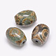 Perles dzi à 3 œil de style tibétain, Perles d'agate naturelles, teints et chauffée, baril, Trois yeux, vert olive foncé, 15~17x12~13mm, Trou: 2.5~3mm
