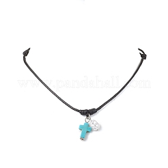 Collane con ciondolo a croce in turchese sintetico tinto regolabile con perla imitazione plastica rotonda&nbsp;NJEW-JN05384-01