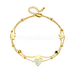 Двухслойные браслеты на лодыжку из нержавеющей стали 304 с подвеской в виде сердца из прозрачных и черных кубических цирконий и натуральной белой ракушки&nbsp;FS-WG8082B-01