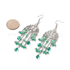 ガラス ティアドロップ タッセル シャンデリア イヤリング  316サージカルステンレススチール製ロングドロップイヤリング（女性用）  ミディアムシーグリーン  104mm  ピン：0.6mm&nbsp;EJEW-TA00184-01