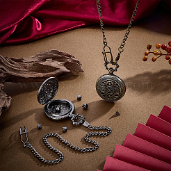 Винтажные плоские круглые карманные часы из сплава с полыми корпусами и латунной цепочкой&nbsp;AJEW-PH0007-68AB