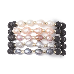 Браслеты из натуральных бусин из лавы и культивированного пресноводного жемчуга для женщин BJEW-JB12868