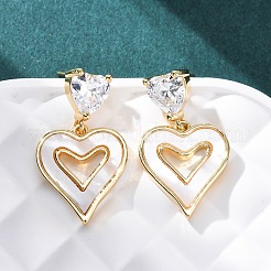 Pendientes colgantes con forma de corazón de latón y micro pavé de circonitas cúbicas transparentes&nbsp;KK-D363-12D-G