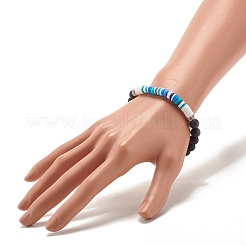 Bracciale elasticizzato in pietra nera sintetica e perline heishi fatte a mano in argilla polimerica&nbsp;BJEW-JB07509