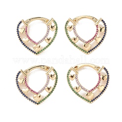 ハートキュービックジルコニアフープピアス  女性のための16KGP本金メッキ真鍮ジュエリー  カラフル  22x24.5x12mm  ピン：1.2mm&nbsp;EJEW-M216-07A