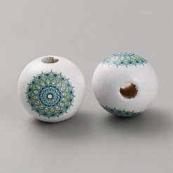 プリントウッドヨーロピアンビーズ  大穴丸いビーズ  花  士官候補生ブルー  15~15.5mm  穴：4mm&nbsp;WOOD-CJC0001-20B