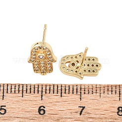 Серьги-гвоздики из латуни с микропаве из прозрачного кубического циркония в стиле хамса&nbsp;EJEW-H178-07G