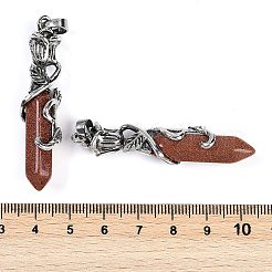 合成ゴールドストーンのファセット加工されたダブルターミナルの尖った大きなペンダント  合金のバラで包まれた六角柱のチャーム  アンティークシルバー  51~53x14x10.5mm  穴：4.5mm&nbsp;G-P547-03AS-11A