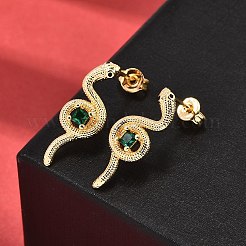 Серьги-гвоздики из латуни с микропаве из кубического циркония в форме змеи&nbsp;EJEW-A135-09G