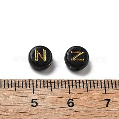 不透明なメッキアクリルビーズ  ゴールドライン入り  アルファベット付きフラットラウンド  文字N  7x3.5mm  穴：1.2mm  約3846個/500g&nbsp;OACR-R005-03N
