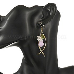 女性向け手作り磁器＆真鍮製ドロップピアス  花のついた洋ナシ  304ステンレススチールダングルイヤリング  ゴールドカラー  63x16.5mm&nbsp;EJEW-JE07508