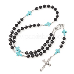 Collier de perles chapelet en turquoise synthétique et bois&nbsp;NJEW-JN04431