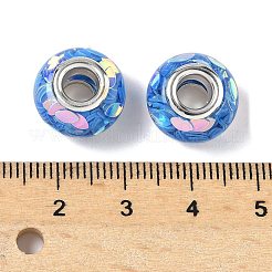 透明樹脂ロンデルヨーロピアンビーズ  馬の目の模様のパイエットとプラチナトーンの真鍮コア付き  大穴ビーズ  コーンフラワーブルー  14x8.5mm  穴：5mm&nbsp;RESI-S023-28