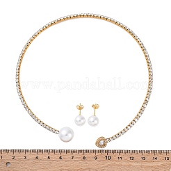 Круглые пластиковые серьги-гвоздики с имитацией жемчуга и комплекты колье-чокера в форме сердца с кубическими цирконами и стразами SJEW-U003-01G