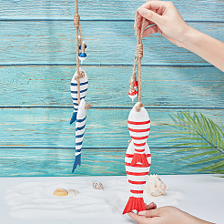 2色プリントの木製ビッグペンダント2セット  麻縄で飾る木の家歓迎  魚  ミックスカラー  45cm  ビーズ：2cm  小魚：14.7x4.7x1.6cm  大型魚：19x5.7x1.7cm  1セット/色&nbsp;WOOD-FH0001-64
