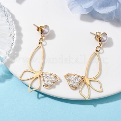 バタフライシェルパールダングルスタッドピアス  銅線ロングドロップイヤリング  ゴールドカラー  54x30.5mm&nbsp;EJEW-TA00356