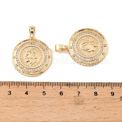 真鍮と透明キュービックジルコニアのペンダント  人間の模様が入ったフラットラウンドいチャーム  18KGP本金メッキ  26x23.5x4mm  穴：6.5x4mm&nbsp;KK-G558-14G