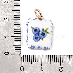 真鍮チャーム  ブルーベリーのチャームが付いた長方形  ゴールドカラー  ブルー  19x14x3.5mm  穴：3.5mm&nbsp;KK-CBA867D-02D