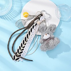 Подвеска в виде теннисной ракетки из полиэфирной веревки и сплава и плюшевого кролика&nbsp;HJEW-JM04385-03