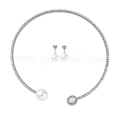 Круглые пластиковые серьги-гвоздики с имитацией жемчуга и комплекты колье-чокеров с кубическим цирконием и стразами SJEW-U003-05P