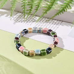 エスニックスタイルのカラフルな手作り磁器ビーズストレッチブレスレット、女性用  正方形の模様  内径：2-1/8インチ（5.45cm）&nbsp;BJEW-JB09089-03