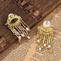 Серьги-гвоздики с кисточками из сплава стразов и пластикового искусственного жемчуга EJEW-A122-01G