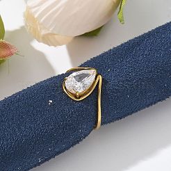 女性用304ステンレススチールキュービックジルコニアリング  ティアドロップ  18KGP本金メッキ  12x9mm  内径：17mm&nbsp;RJEW-M048-01G