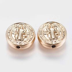 Brass Beads, Long-Lasting Plated, Flat Round with Santa Virgen, Golden, 10x3mm, Hole: 1mm