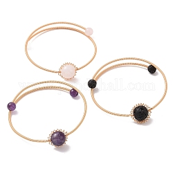 Natural Mixed Gemstone Round Beaded Cuff Bangle, Golden Adjustable Copper Wire Torque Bangle, Inner Diameter: 2 inch(5.2cm)