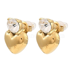 Glass Heart Stud Earrings, Real 18K Gold Plated 304 Stainless Steel Earrings, Clear, 16x16mm