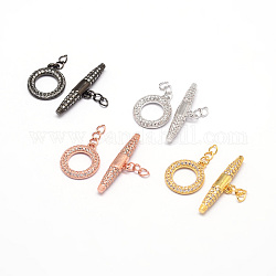 Brass Micro Pave Cubic Zirconia Ring Toggle Clasps, Cadmium Free & Nickel Free & Lead Free, Mixed Color, toggle: 16x14x2mm, Hole: 3x2mm, Bar: 6x26x4mm, Hole: 3x2mm.