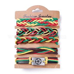 Ensemble de bracelets de cordon en cuir pour hommes femmes, bracelets tressés à maillons rectangulaires de football, bracelets de sport réglables, verte, diamètre intérieur: 2~3-1/4 pouce (5.1~8.1 cm), 5 pièces / kit