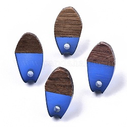 Transparent Resin & Walnut Wood Stud Earring Findings, with 304 Stainless Steel Pin, Oval, Blue, 16x9mm, Hole: 1.8mm, Pin: 0.7mm