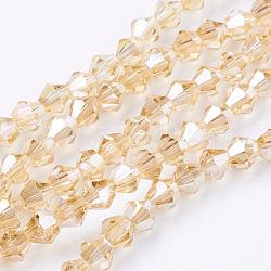 Chapelets de perles en verre, de couleur plaquée ab , facette, Toupie, verge d'or, 4x4mm, Trou: 1mm, Environ 92~96 pcs/chapelet, 13.78~14.37 pouce