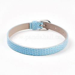 Bracelet en cuir pu, ceinture de montre, Fit charms slide, avec des fermoirs de fer, platine, lumière bleu ciel, 8-3/4 pouce (22.3 cm), 7.5x1.5mm