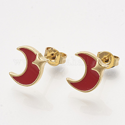 (vendita di fabbrica di feste di gioielli) orecchini in ottone, con smalto e chiocciole, luna con stelle, oro, rosso, 10x9mm, ago :0.7mm