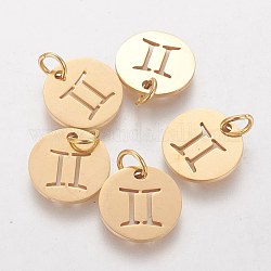 304 Stainless Steel Pendants, with Jump Ring, Laser Cut, Flat Round with Constellation/Zodiac Sign, Golden, Gemini, 12x1mm, Hole: 3mm