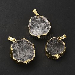Pendentifs de cristal de quartz naturel, pendentifs en cristal de roche, breloques de fleurs, avec crémaillère en laiton, or, 24.5~30x20.5~26.5x8.5~11mm, Trou: 7x4.5mm