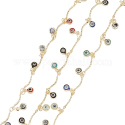 Handmade Brass Bar Link Chains, with Glass Charms and Spool, Soldered, Long-Lasting Plated, Evil Eye, Golden, Colorful, 13.5x2x1mm, 32.8 Feet(10m)/roll