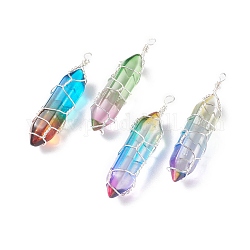 Glass Pendants, with Glass Double Terminated Point Beads and Copper Jewelry Wire, Bullet, Mixed Color, 37~41.5x9~10mm, Hole: 1.4~2mm