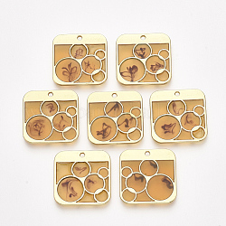 Ciondoli in resina epossidica, con accessori in lega, quadrato, oro, goldenrod, 24x24x2mm, Foro: 1.6 mm