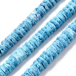 Natural Sea Shell Beads Strands, Dyed, Flat Round/Disc, Heishi Beads, Deep Sky Blue, 5~7x1.5~2.5mm, Hole: 0.9mm, about 329~348pcs/strand, 22.32 inch~22.83 inch(56.7~58cm)