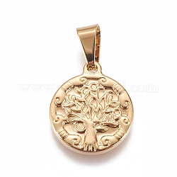 304 Stainless Steel Pendants, Flat Round with Tree of Life, Golden, 21x18x2.6mm, Hole: 7x4.7mm