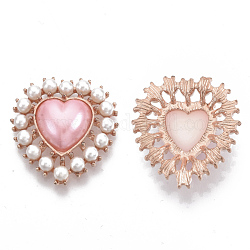 Cabochon posteriori piatti in lega, con perle di plastica imitazione perla in abs, oro roso, cuore, roso, 29x27x8mm