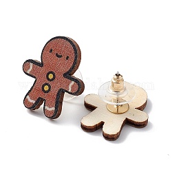 Orecchini a bottone in legno stampati natalizi, con 316 perni in acciaio inossidabile per le donne, uomo di pan di zenzero, 22x19.5mm, ago :0.7mm