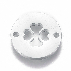 304 Stainless Steel Links connectors, Flat Round with Four Leaf Clover, Stainless Steel Color, 12x1mm, Hole: 1.2mm