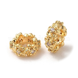 Perline in stile europeo con micro pavé di zirconi cubici in ottone, perline con foro grande, Anello con fiore, vero placcato oro 18k, 8x3.5mm, Foro: 4 mm